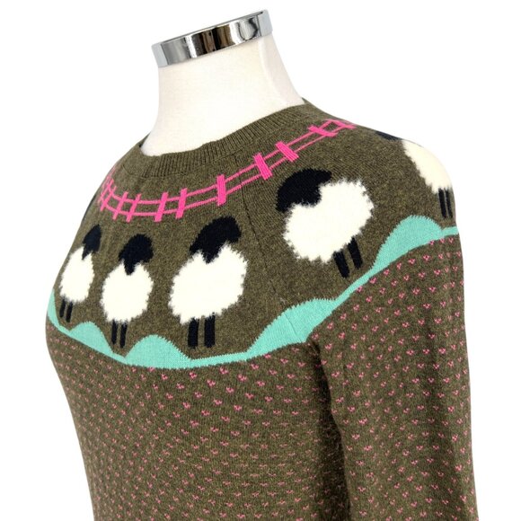Talbots Sheep Yoke Raglan Crewneck Pullover Green Pink Size Small Petite - Picture 4 of 11